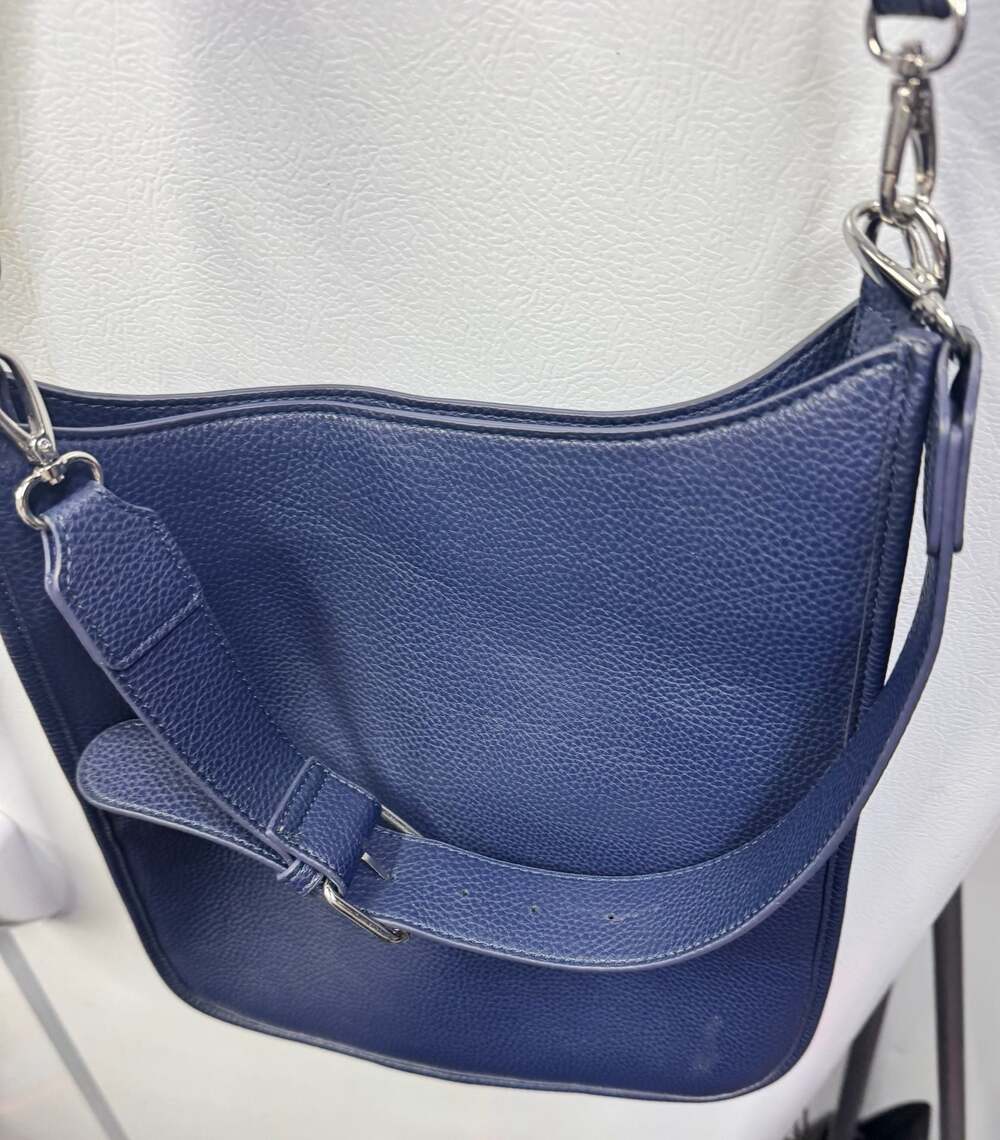 Blue Pebbled Leather Crossbody Bag with Studded/Pearl Embellished Strap - Picture 2 of 12